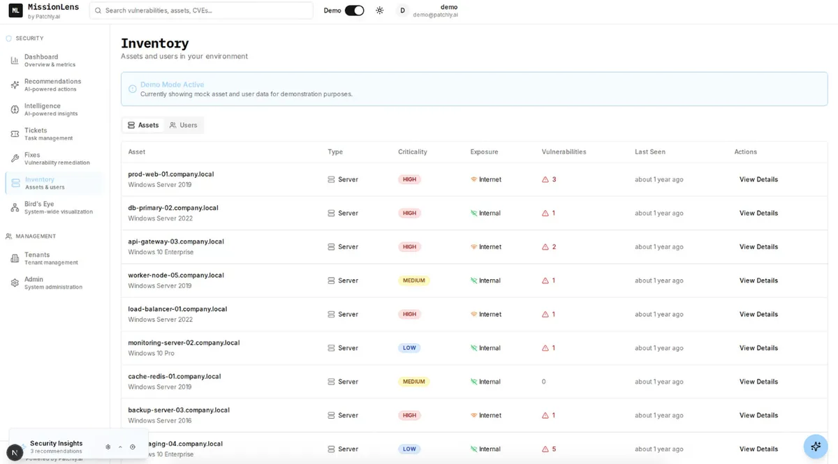 Patchly asset inventory showing endpoints, criticality, exposure, and vulnerability counts